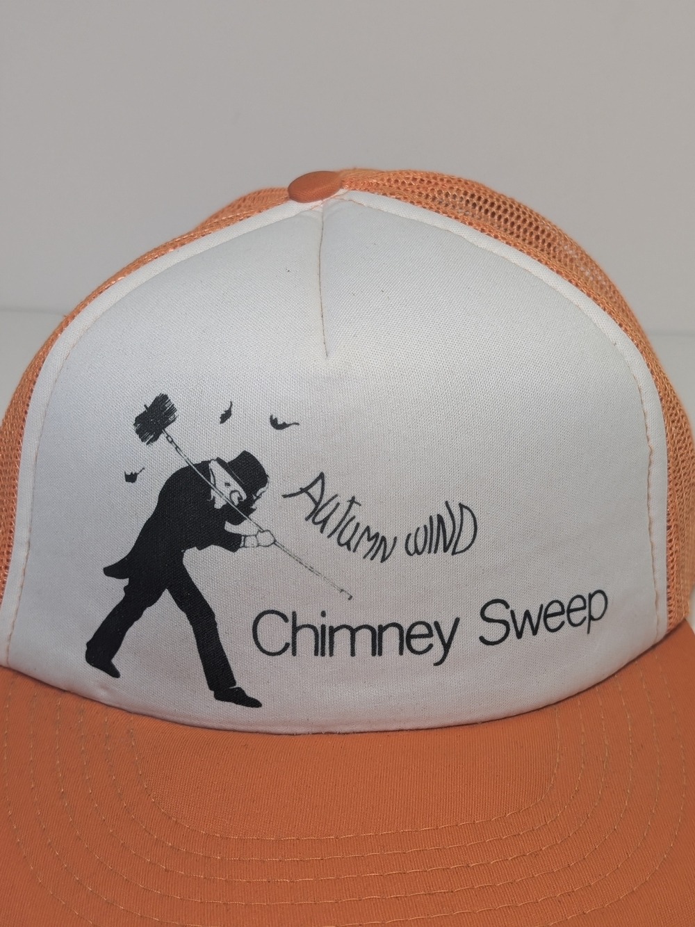 Vintage Autumn Wind Chimney Sweep Trucker Hat Mesh Snapback Cap Orange White - Picture 2 of 6